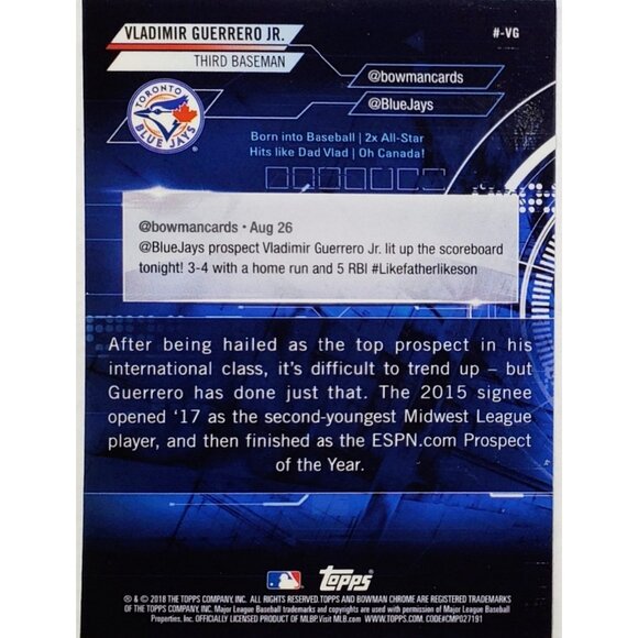 VLAD GUERRERO JR ROOKIE REFRACTOR 2018 BOWMAN CHROME TRENDING, TORONTO BLUE JAYS - Picture 2 of 3